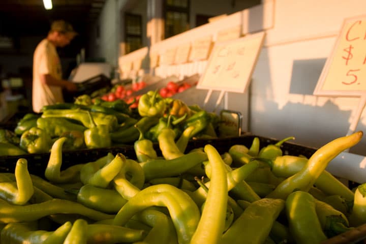 Light, almost pastel-green Pueblo chiles are piled into two black plastic product containers and are displayed with signs noting their purchase price at a market in Colorado.