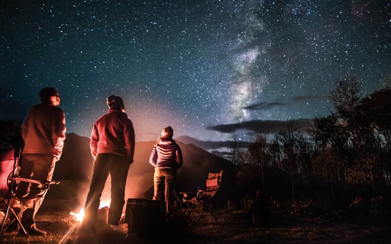 People at a campsite looking at the Milky Way at night