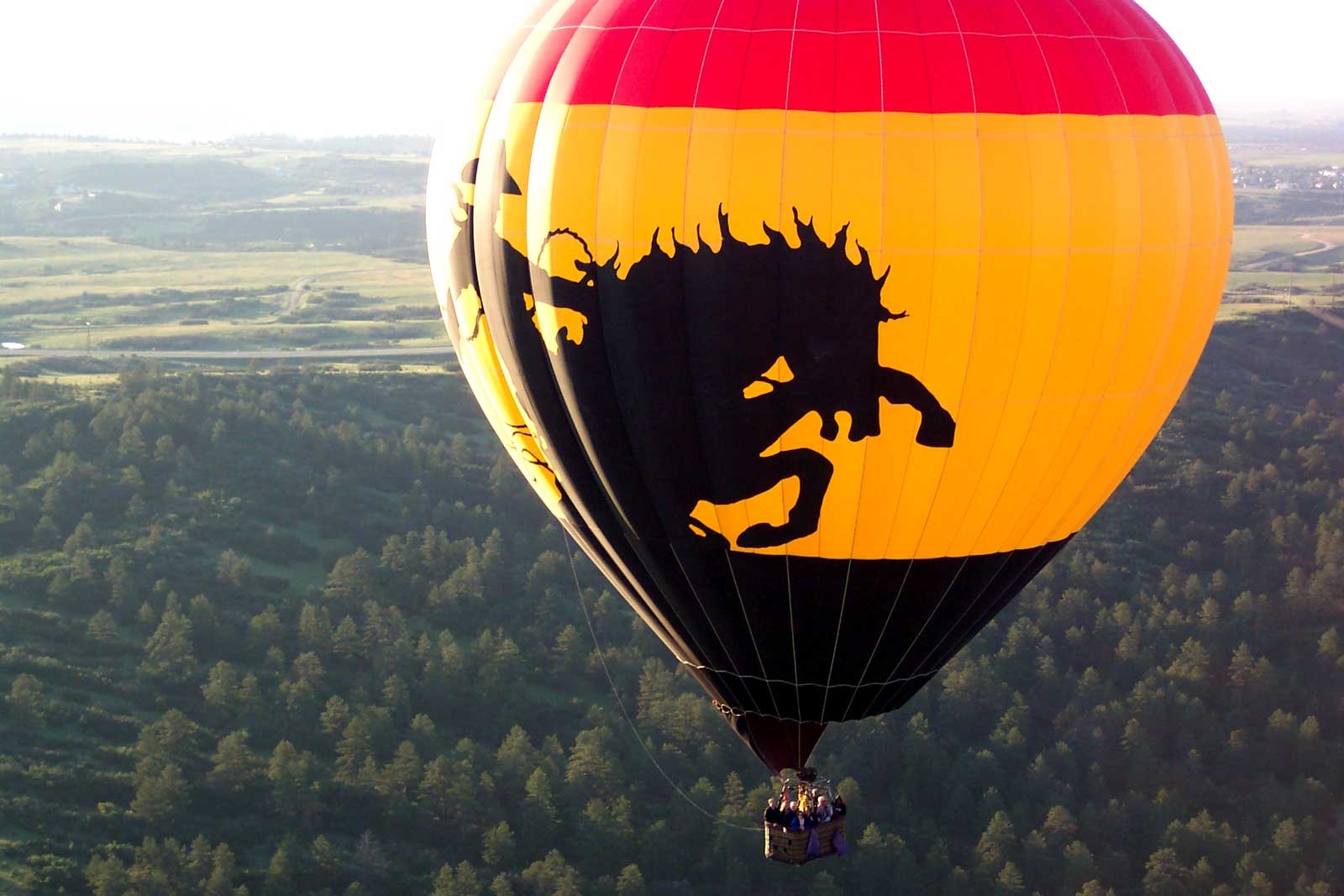 A red, yellow and black hot-air ballon with a black horse on it rises above a green forest
