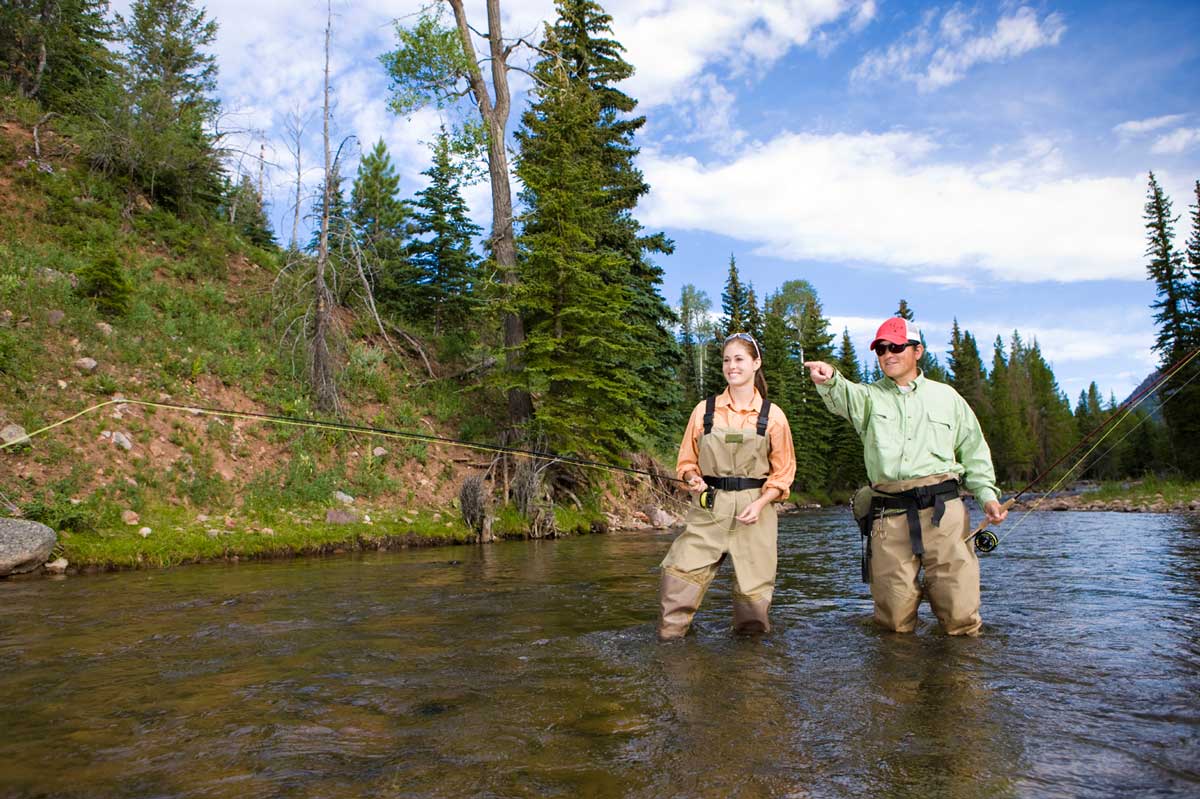 C Lazy U Ranch guests go fly-fishing in a quietly flowing stream with blue sky in the background