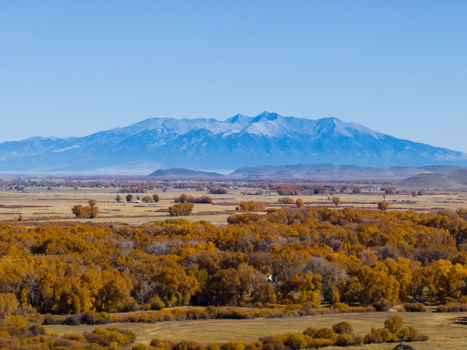 A fiew of blue peaks rusing above orange-leafed trees