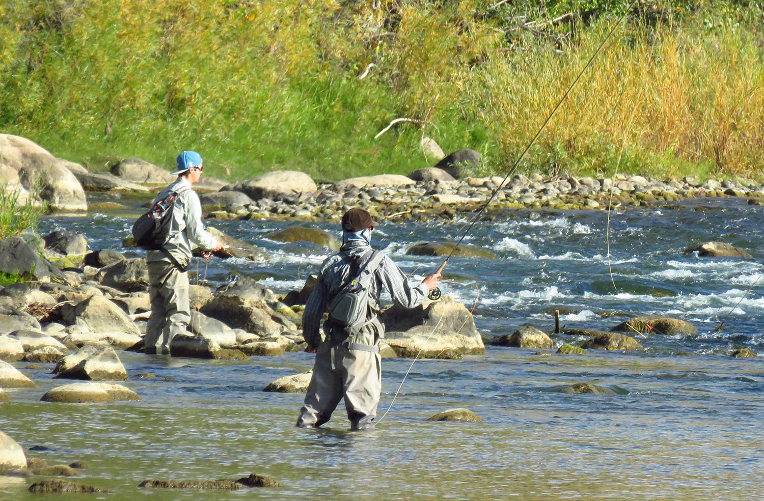 Two people stand in the Animas River fly fishing in Durango