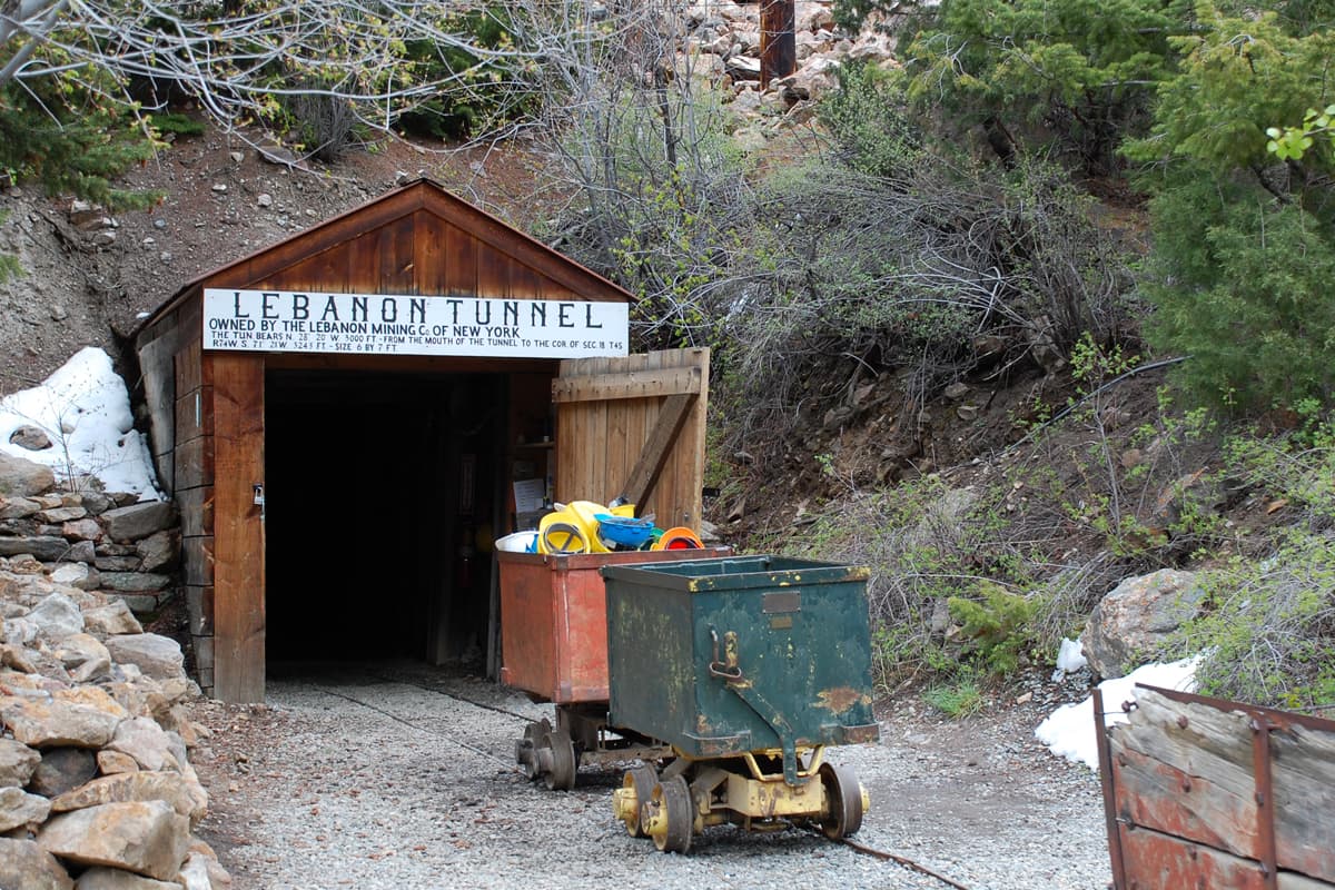 The Lebanon Silver Mine, a small wooden building with mining carts in front of the entrance