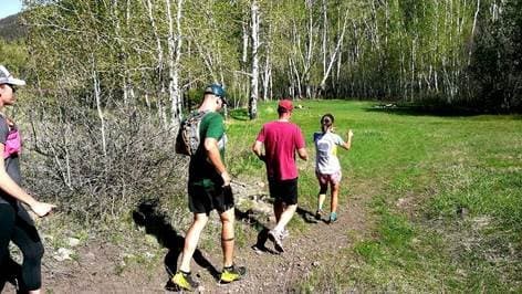 It's spring and green buds are starting to grow on a stand of aspen at the edge of a meadow near Alamosa. Three hikers walking in a line of shortest to tallest trek towards the trees.