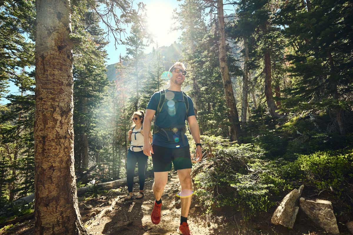 Two hikers on a trail, surrounded by trees, hike along in the sunlight