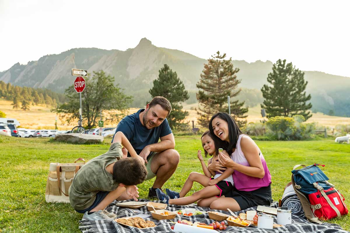 Two adults and two children laugh as they enjoy a picnic on a blanket in the grass