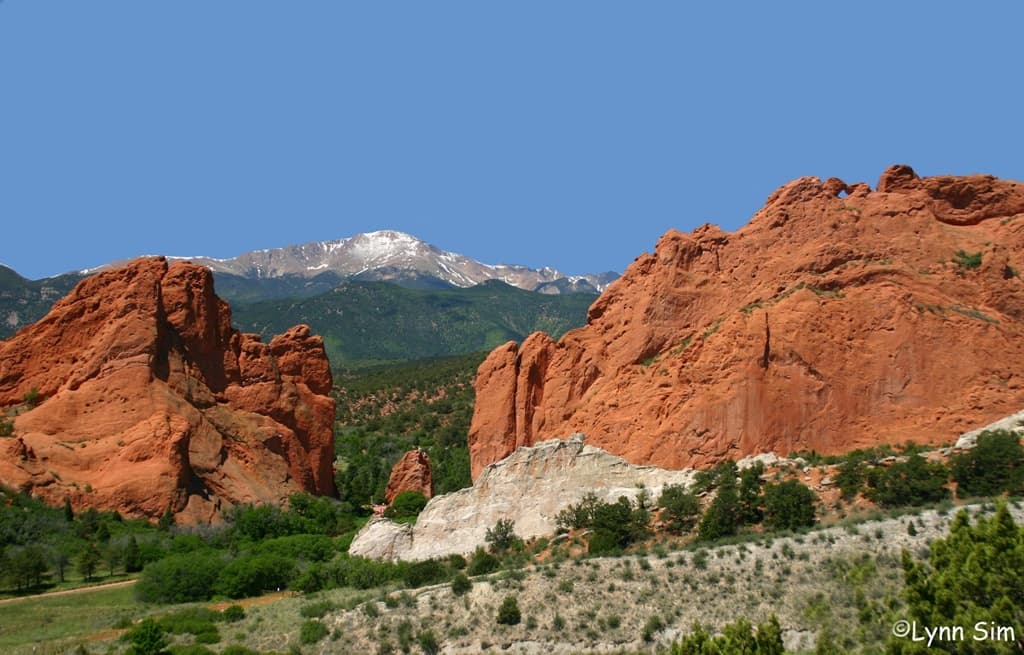 view of garden of the gods and pikes peak off visitor & nature center terrace photo
