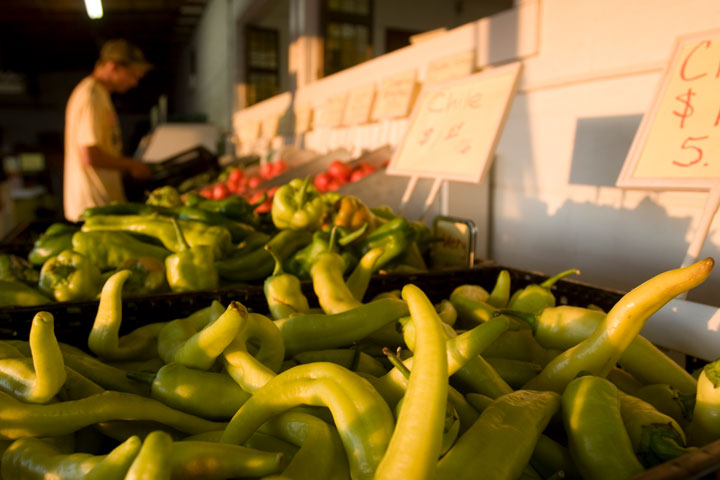 Light, almost pastel-green Pueblo chiles are piled into two black plastic product containers and are displayed with signs noting their purchase price at a market in Colorado.
