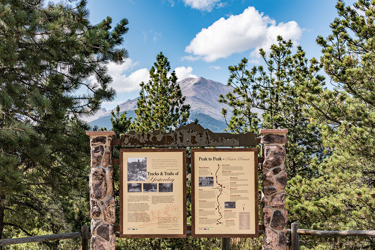 View of pine trees with signs explaining the area's geology and a large mountain peak in the background