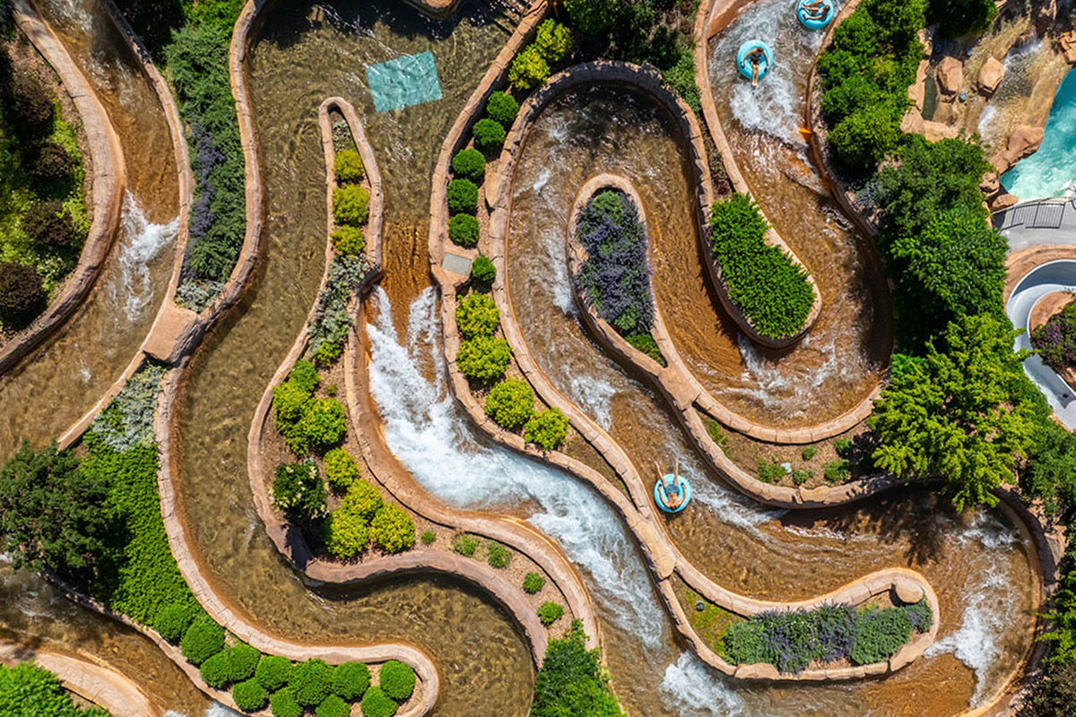 The Shoshone Chutes at Glenwood Hot Springs Resort are a series of twisting and turning waterways with sudden drops in Glenwood Springs, Colorado.