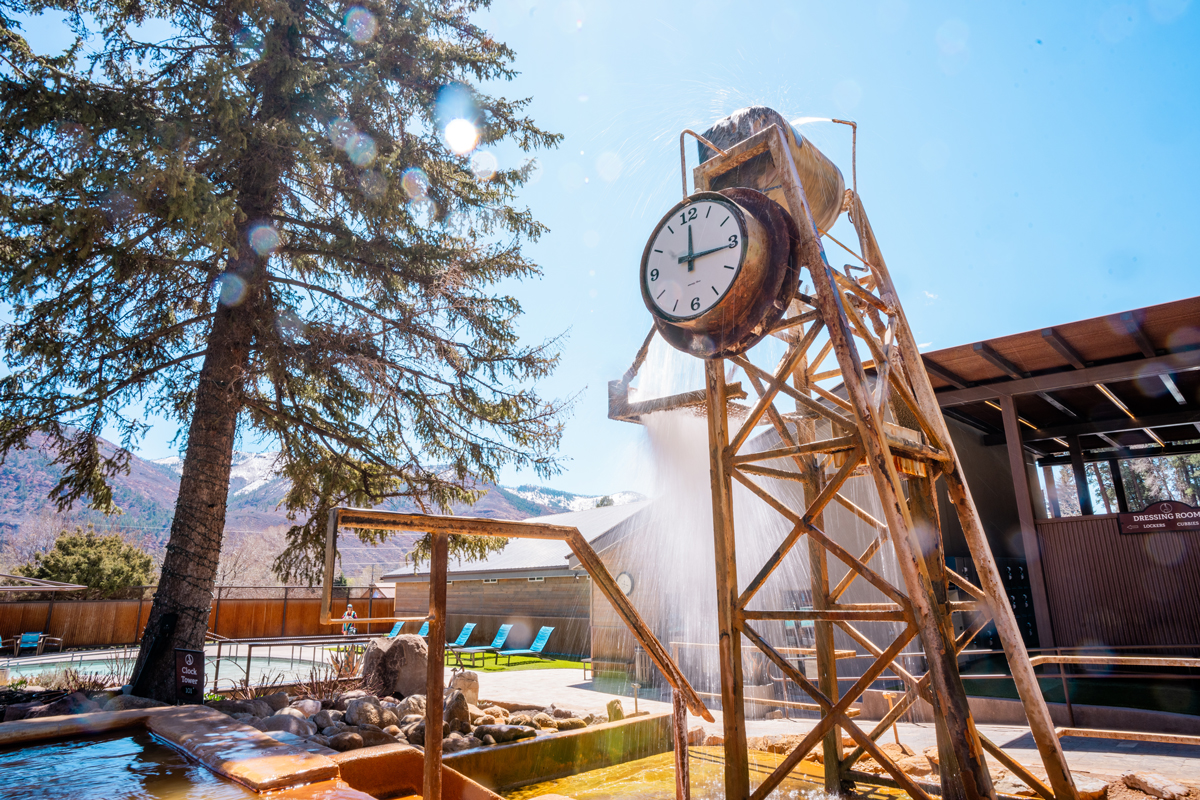 Copper clock-tower water feature at Durango Hot Springs in Colorado