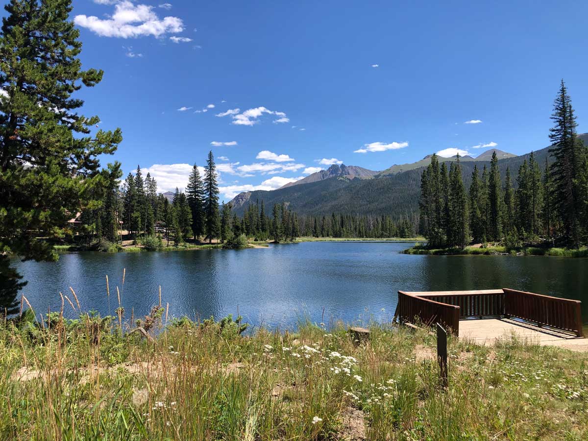 A mountain lake sits between a grassy meadow and evergreen trees at State Forest State Park