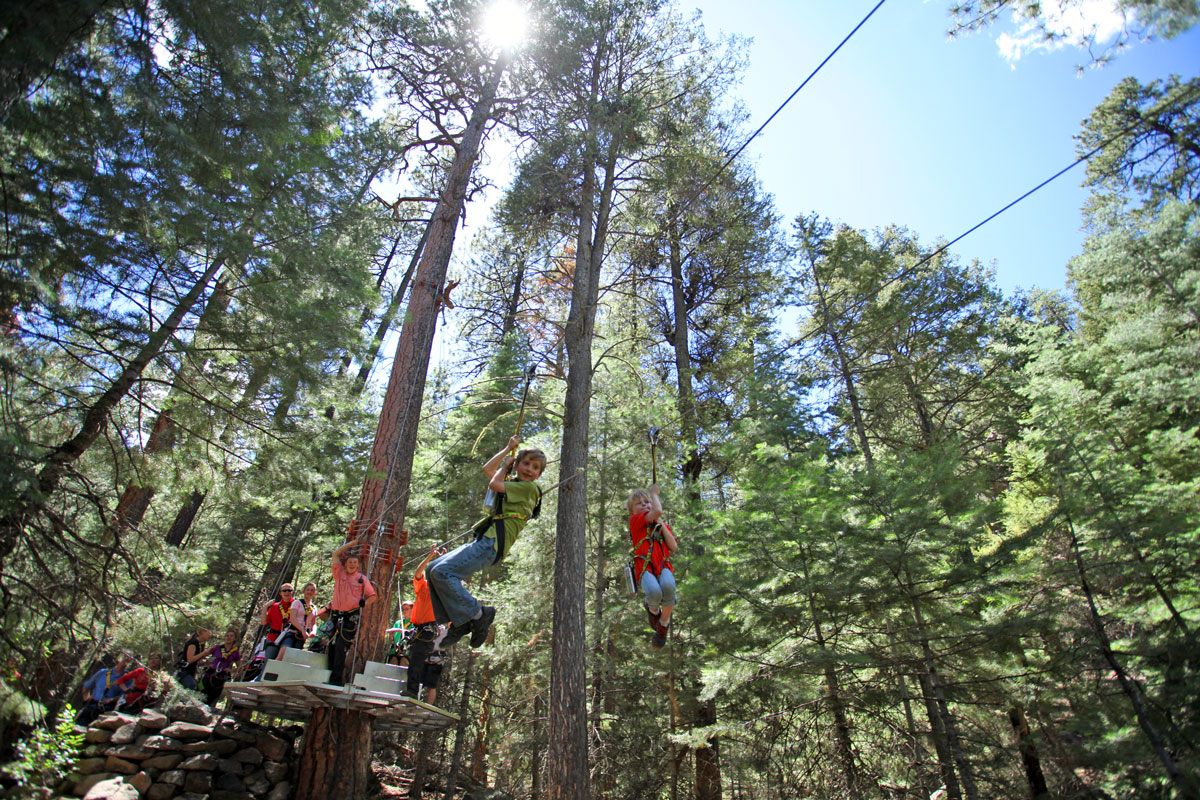 Two kids ziplining side-by-side and surrounded by tall trees at Soaring Tree Top Adventures.