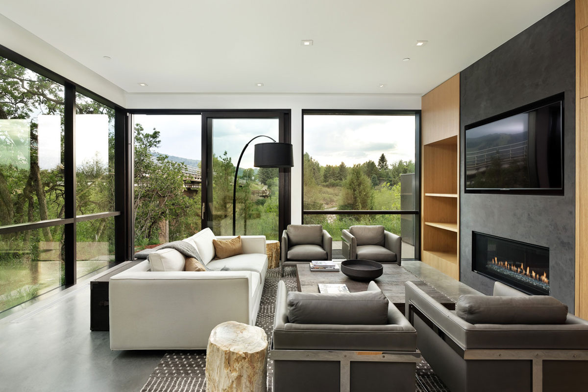 Contemporary lounge with elegant style and outdoor scenery
