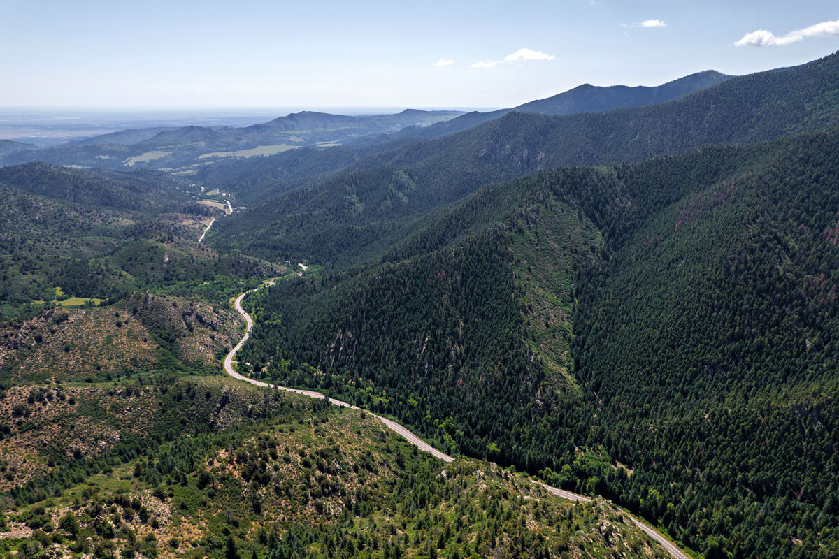 Aerial view of the Frontier Pathways Scenic and Historic Byway, surrounded with greenery.