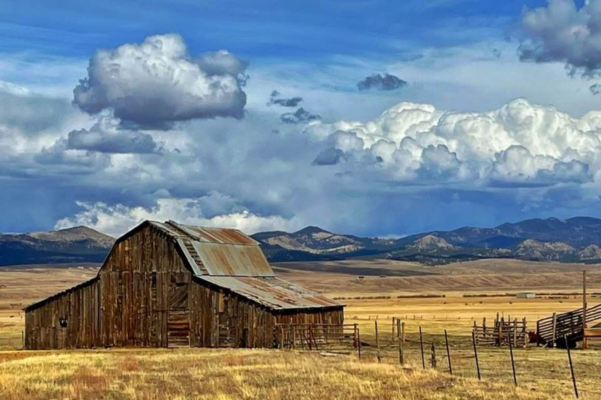 A barn in a field of golden grasses with clouds rolling over the mountains in the background in Westcliffe, Colorado.