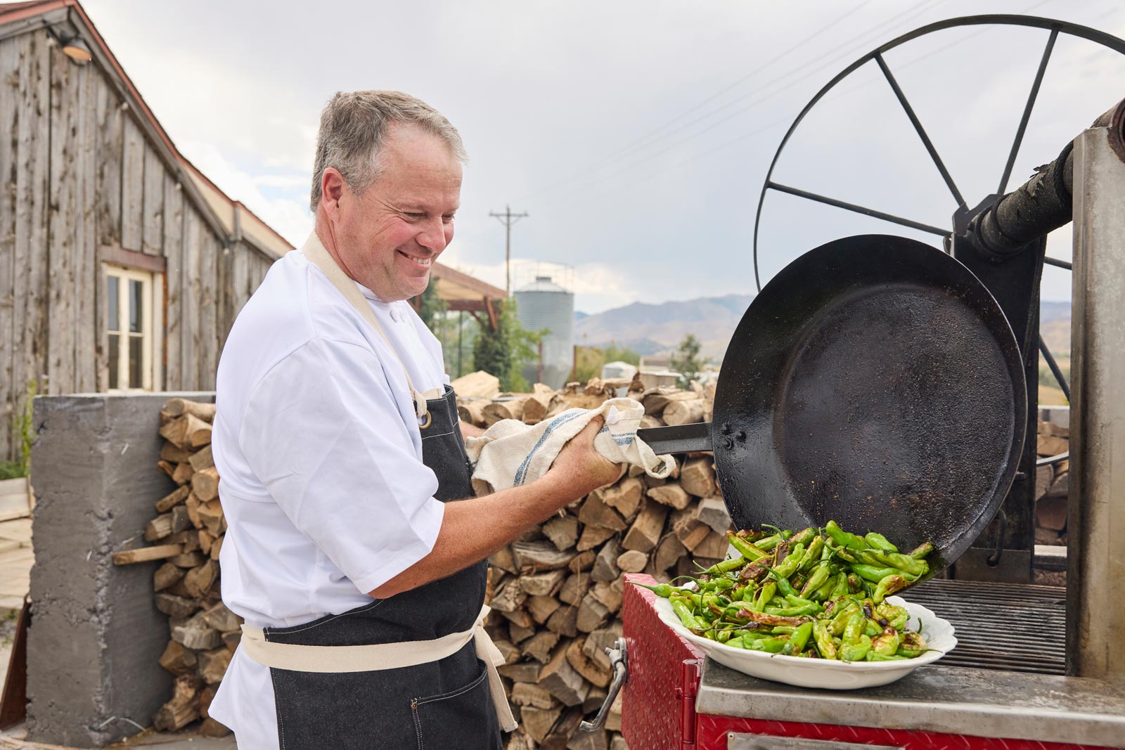 A chef in Colorado roasts green chiles