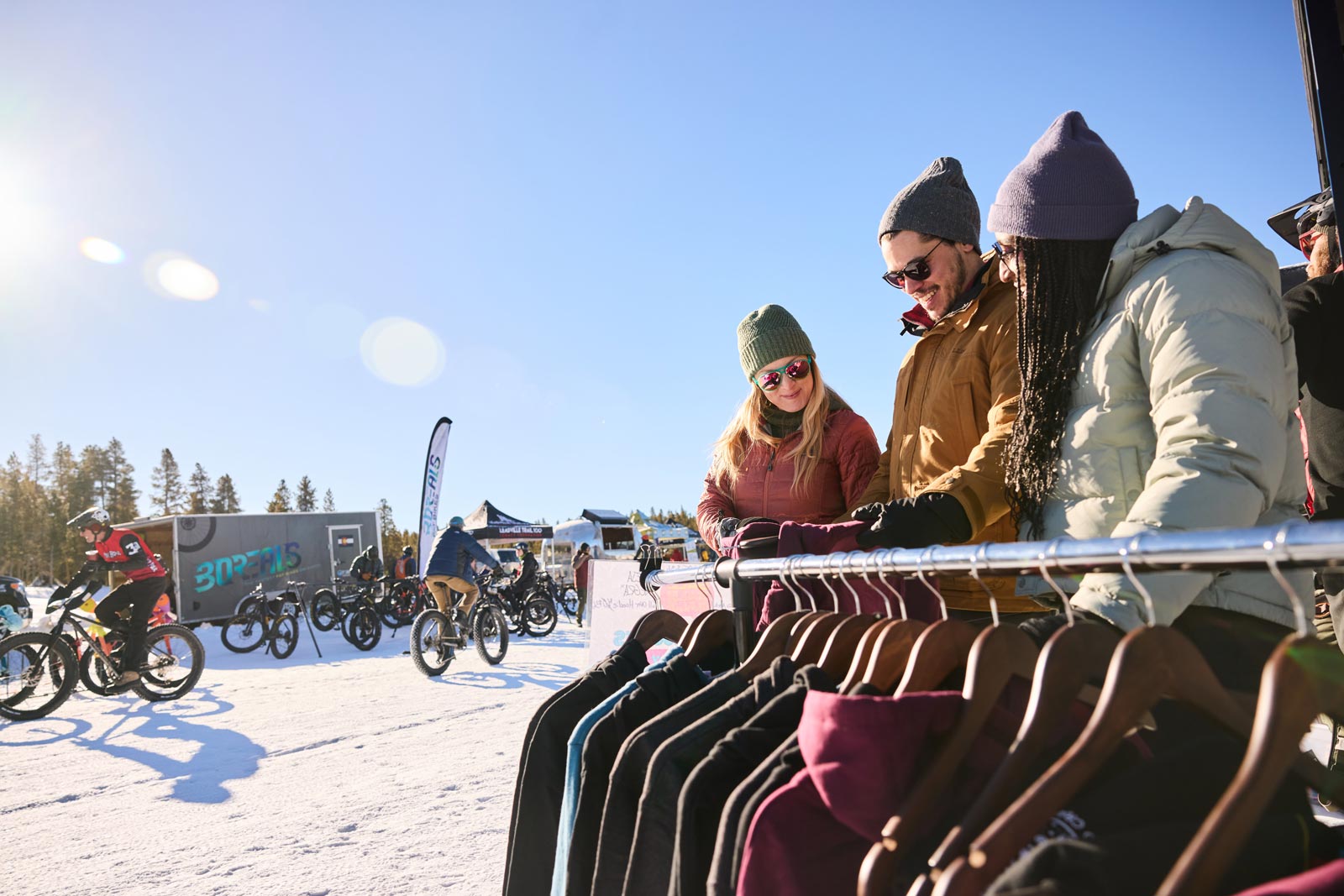People look at outdoor gear in Leadville, CO