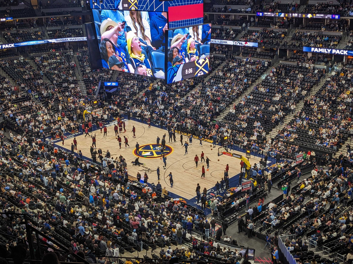 A full stadium of Denver Nuggets fans at Ball Arena in Denver, Colorado