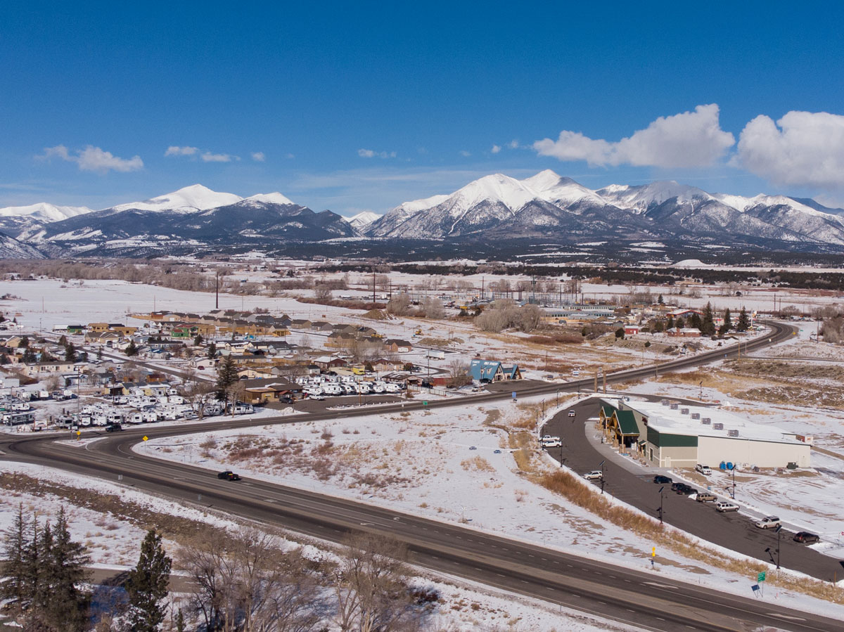 Aerial view of the Collegiate Peaks coated in snow in winter near Poncha Springs, Colorado 