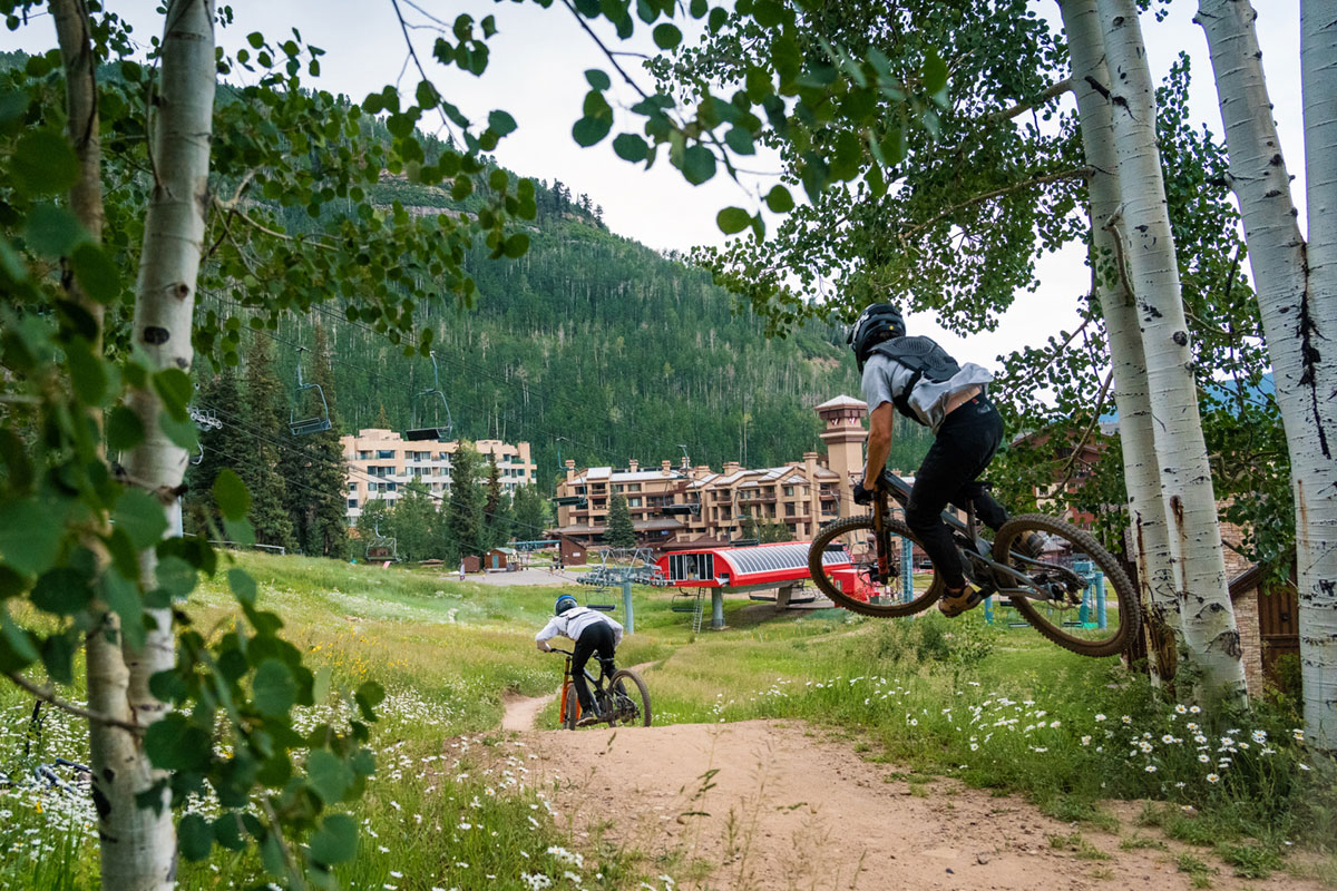 Mountain bikers on a trail at Purgatory Resort.