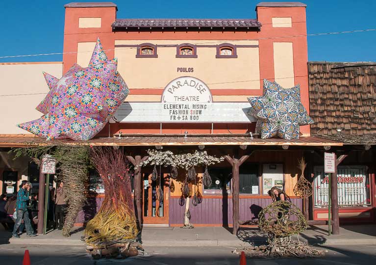 Massive statues sit on the awning at Paonia's Paradise Theater