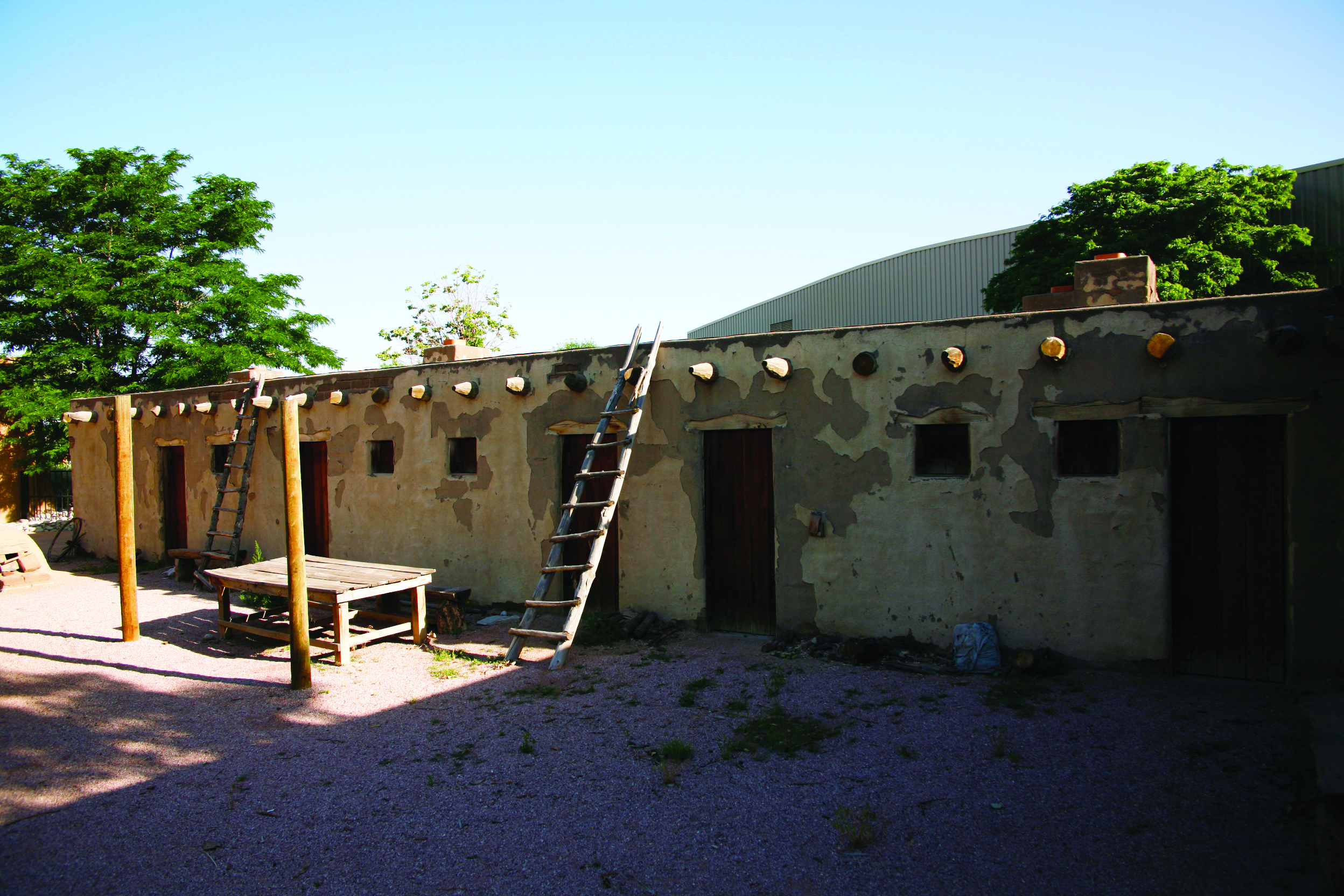 A low, one-story gray building with peeling paint stand half in the shade and half in the sun in Colorado. Two wooden ladders rest against the building and lead to the roof.