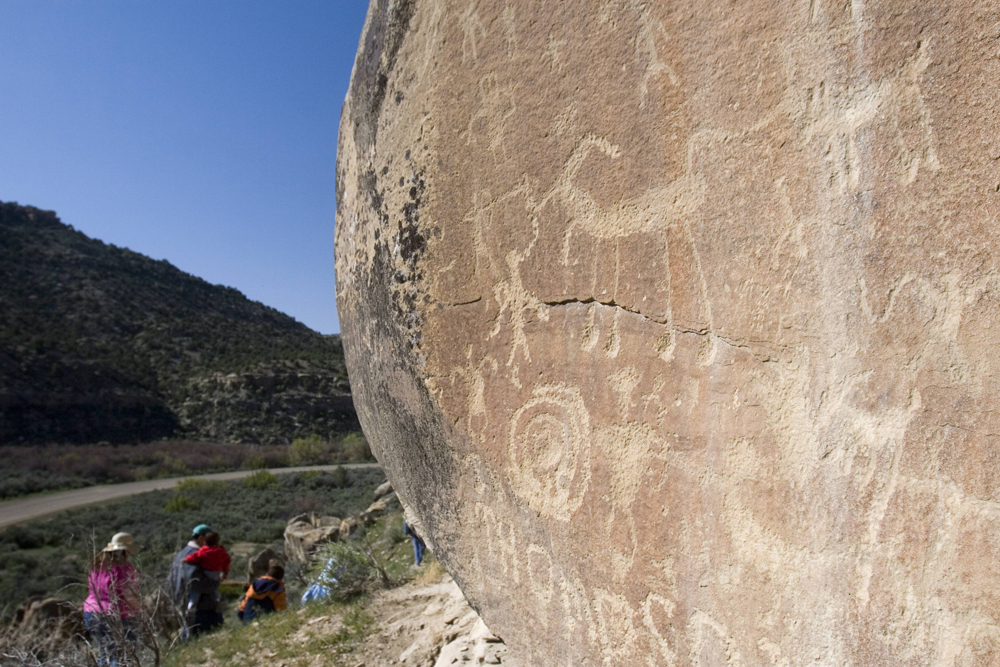 A sand-colored rock is covered in Petroglyphs and on the left side a family on a tour walks down the path during a blue-sky day in Ute Mountain Tribal Park.