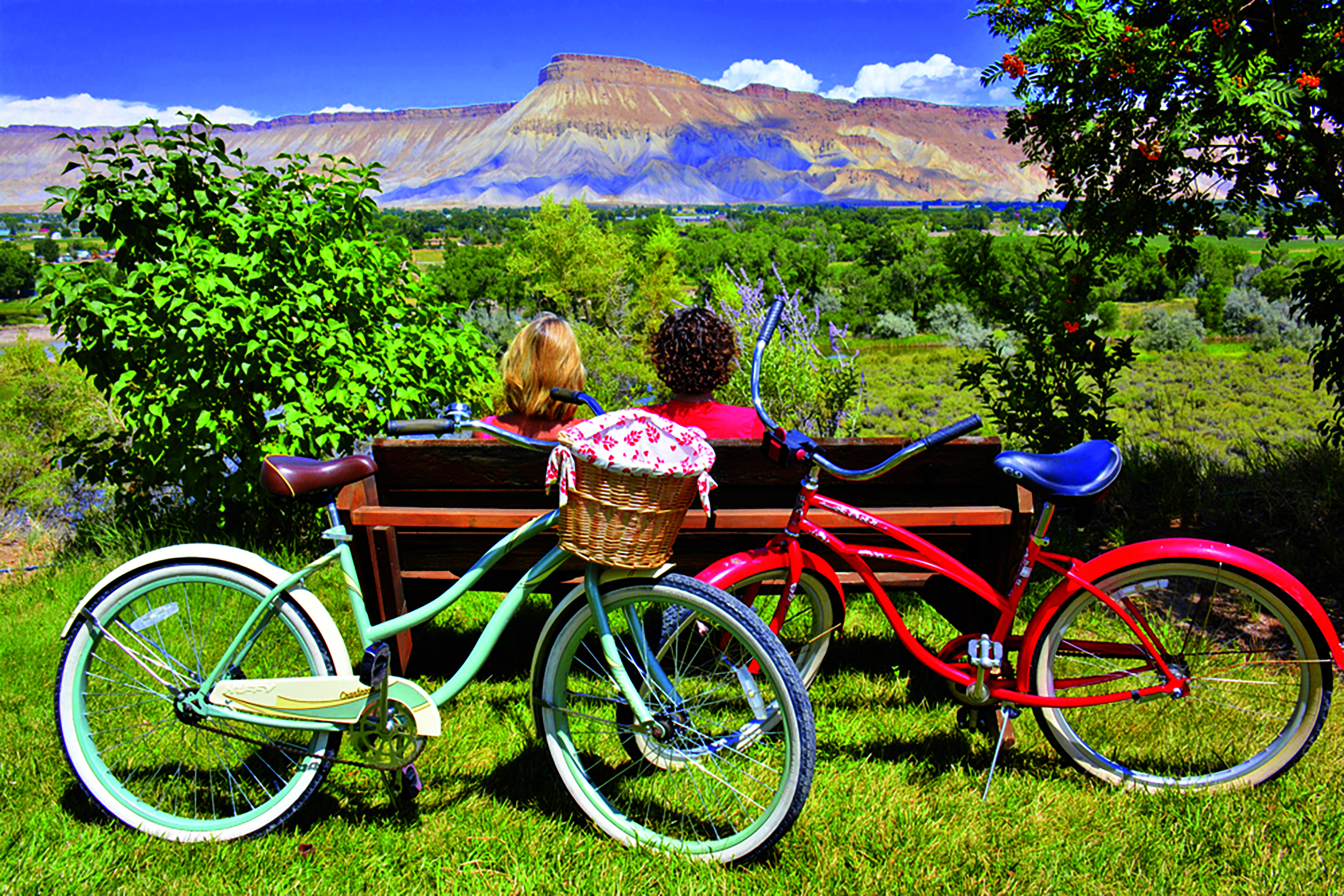 Two people sit on a bench with two bikes leaning on it, looking at a mountain