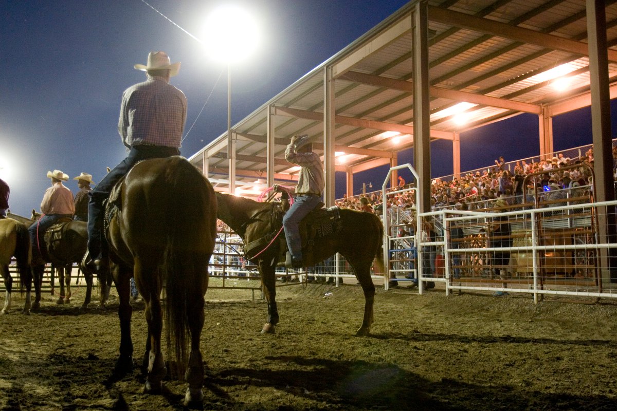 Four men sit atop horses at night during the Brush Rodeo. On the right, people sit in the stands cheering.