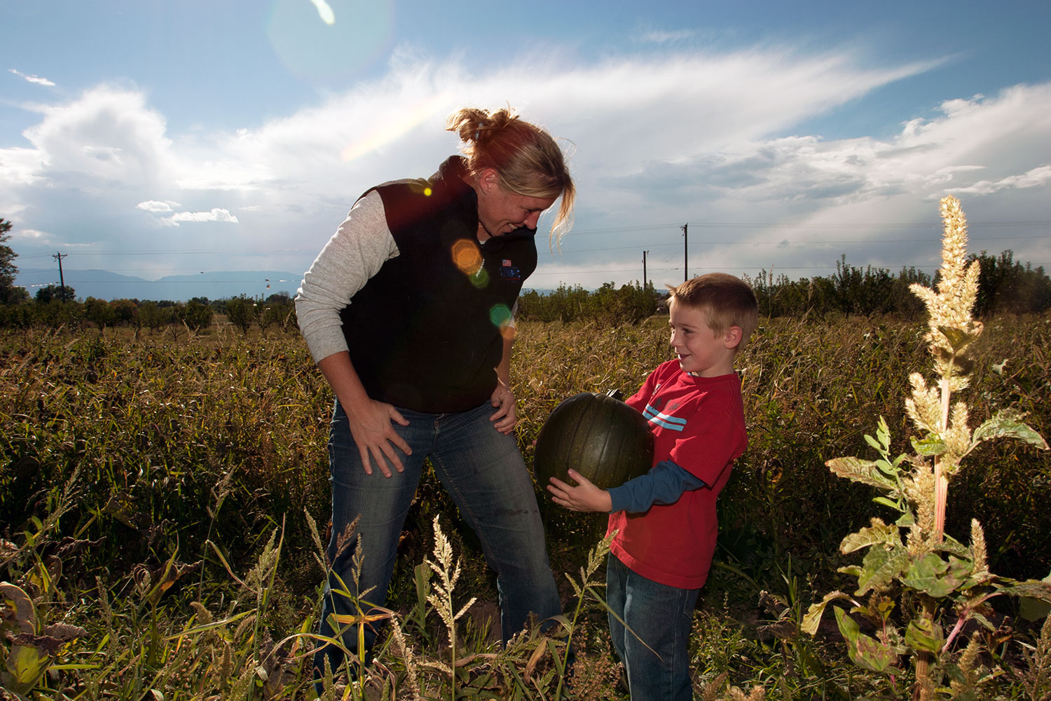 A child in a red shirt hoists up a black pumpkin to show their parent. The two stand in a field of tall, golden grass near Pueblo, Colorado.