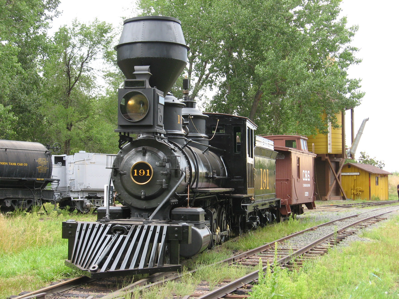 A locomotive with the number 191 painted in gold on the front of it rests on a set of tracks overrun with grass in Golden, Colorado.