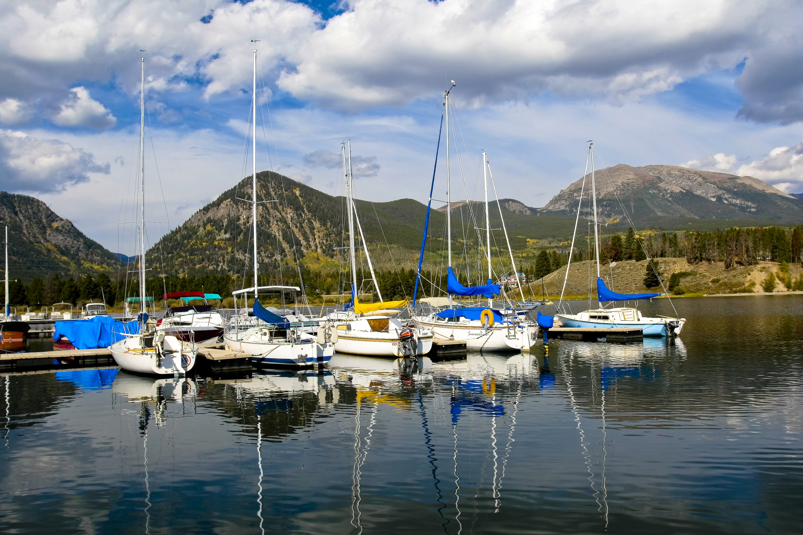 A row of boats are docked on a still lake on a summer day