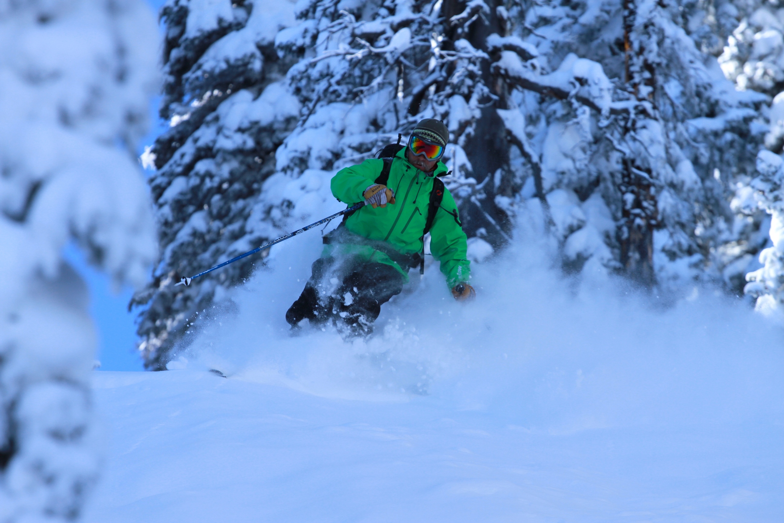 A person in a bright green jacket skis through the snowy trees at Wolf Creek in Pagosa Springs Colorado