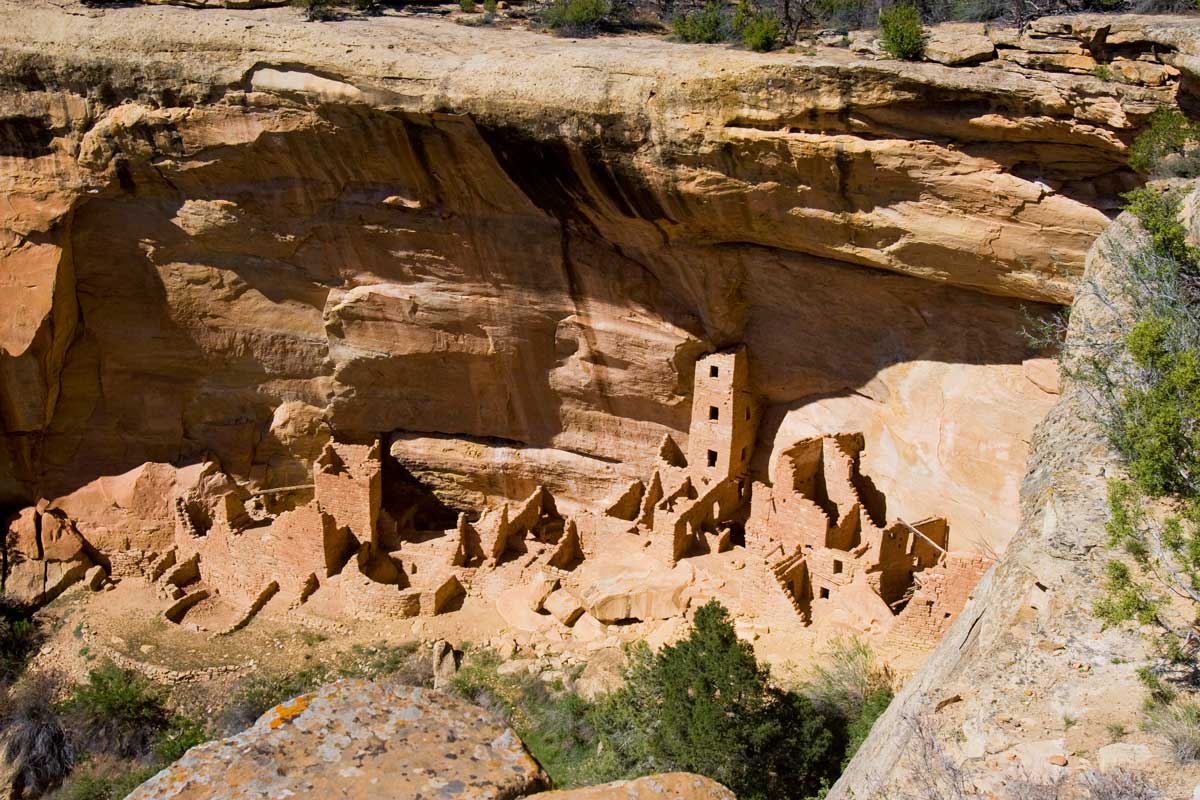 An aerial view of the Mesa Verde cliff dwellings nestled beneath a sand-colored rock ledge with green trees. 