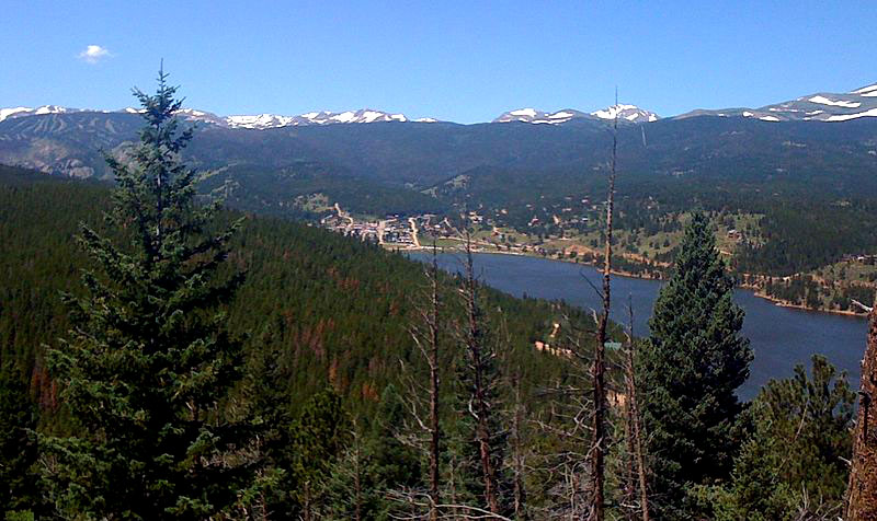 A far-off view of the Front Range mountain town of Nederland and Barker Reservior - Nederland, CO