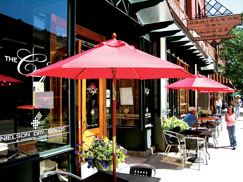 A red umbrella outside The Cafe on Trinidad's Main Street