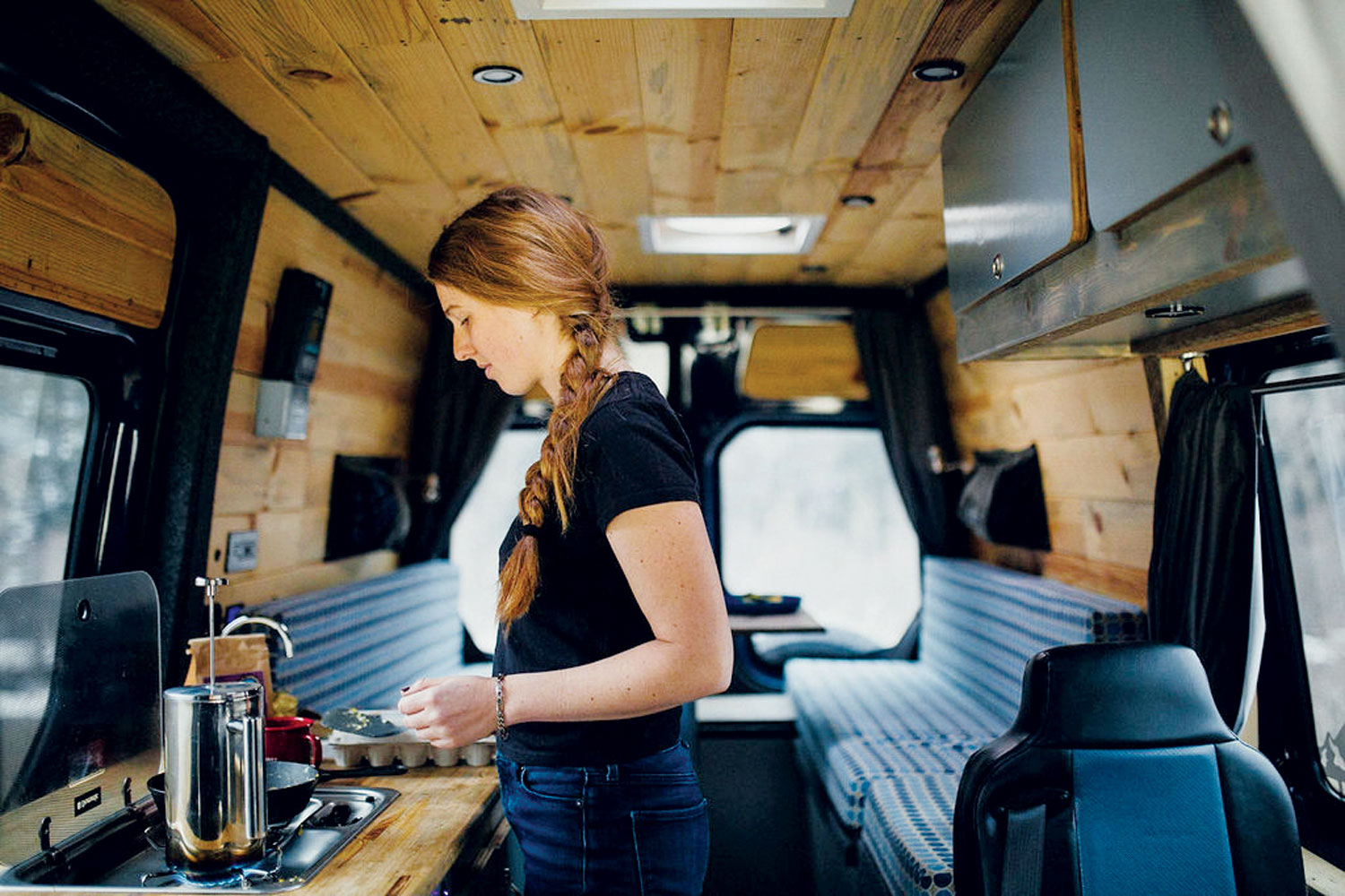 Breakfast on the road in an Aspen Custom Vans campervan