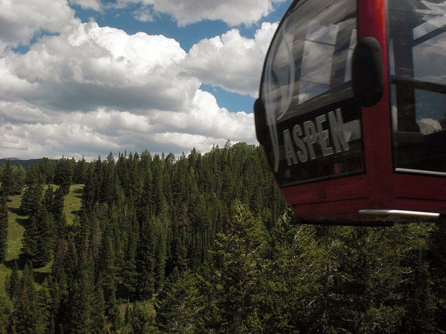 Aspen Mountain's red gondola flies high above a field of evergreens. Its glass, which has printed on it "ASPEN," reflects clouds in a blue sky.