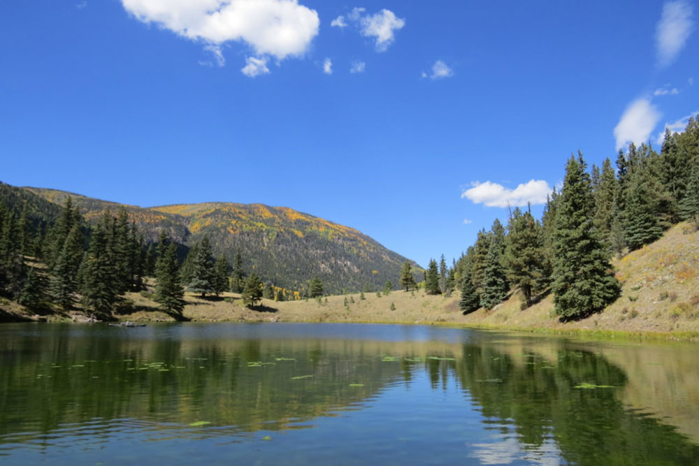The tall, spike-like evergreen trees and rugged, rounded peak around Spectacle Lake are reflected in its mirror-like waters.
