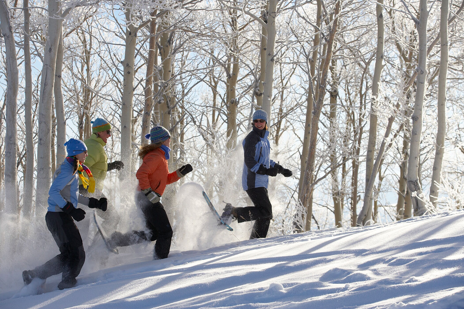 Three runners traverse a Colorado snowshoeing trail cutting through fresh powder near Glenwood Springs