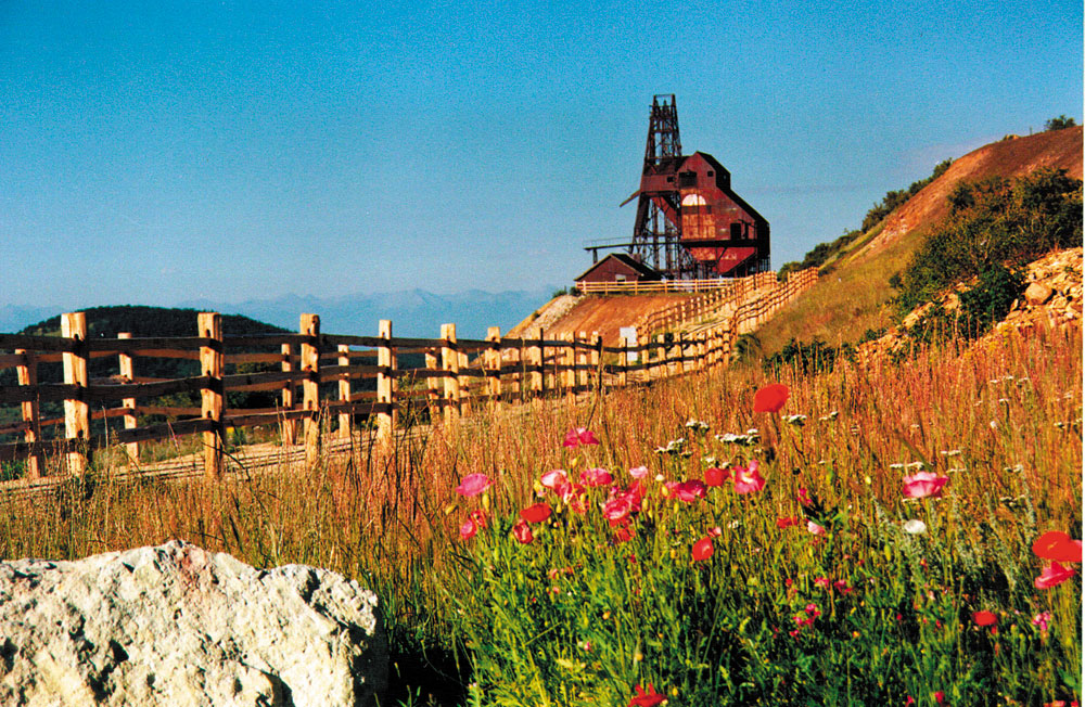 On a blue-sky summer's day an old mine sits in the distance along a wooden fence. On the right are wildflowers among tall grasses.