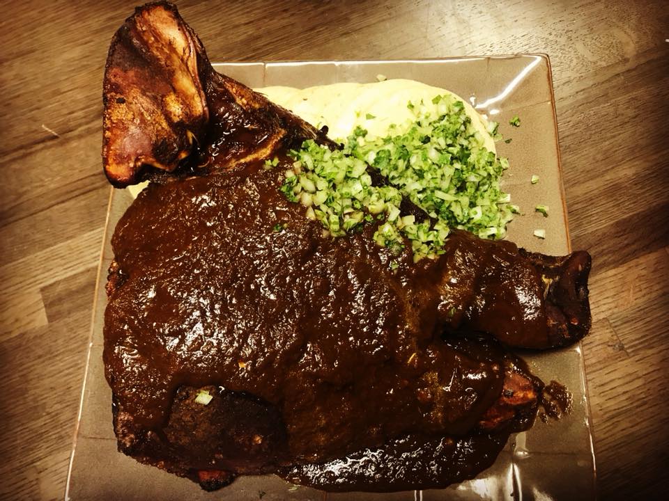 slow roasted barbacoa, pasilla chile sauce, tortillas, cilantro, onion at four by brother luck photo