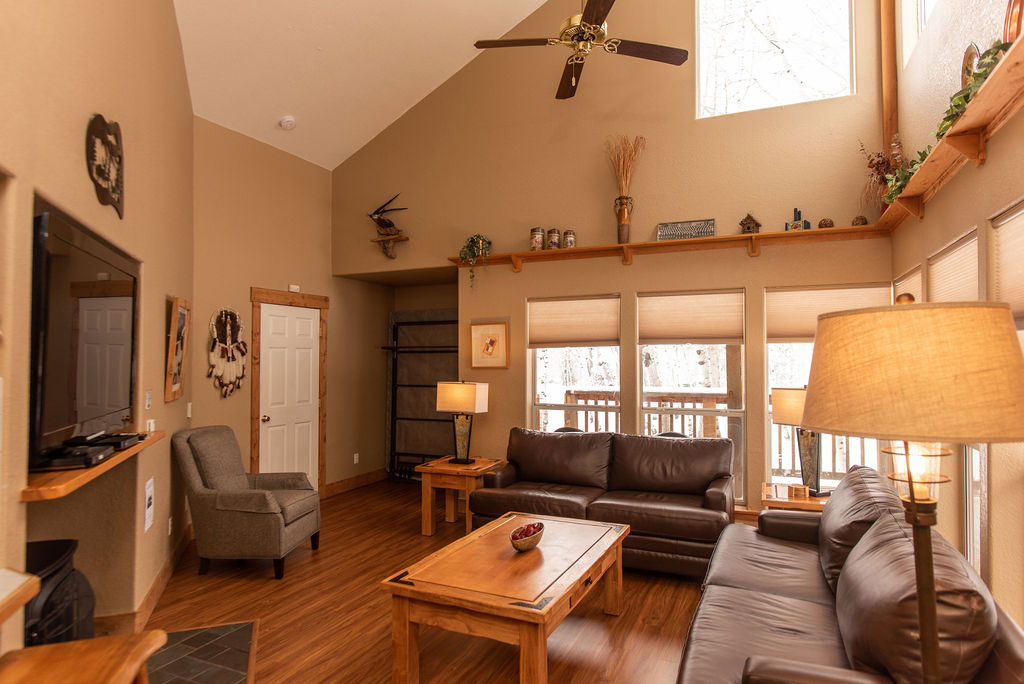 the cozy couches, vaulted ceilings, gas fireplace, natural light and open floor plan make the chalets a perfect place to socialize with your friends and family photo 18